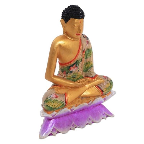 Alternate image for Hand Painted Wood Sculpture Buddha on a Lotus
