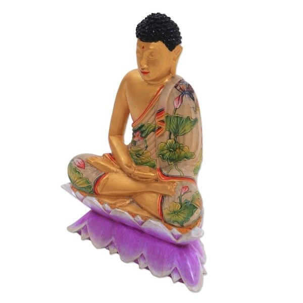 Alternate image for Hand Painted Wood Sculpture Buddha on a Lotus