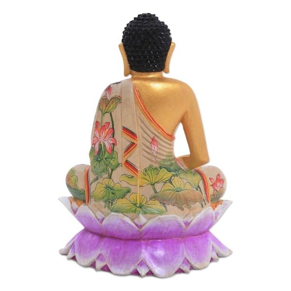 Alternate image for Hand Painted Wood Sculpture Buddha on a Lotus