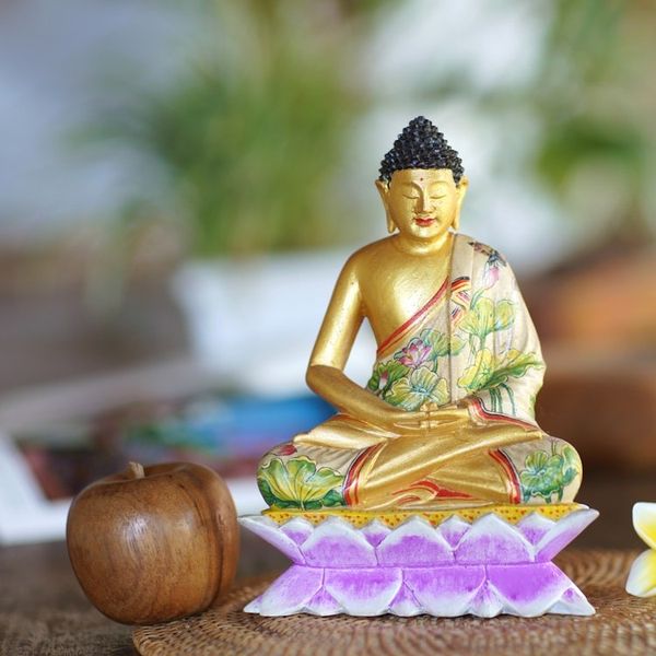 Alternate image for Hand Painted Wood Sculpture Buddha on a Lotus