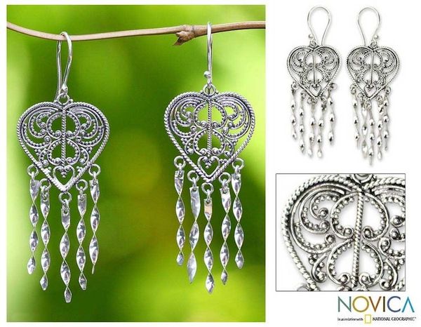 Alternate image for Sterling Silver Heart Shaped Chandelier Earrings Strings of My Heart