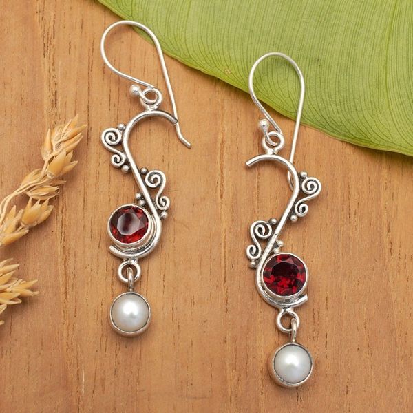 Alternate image for Pearl and garnet dangle earrings Graceful