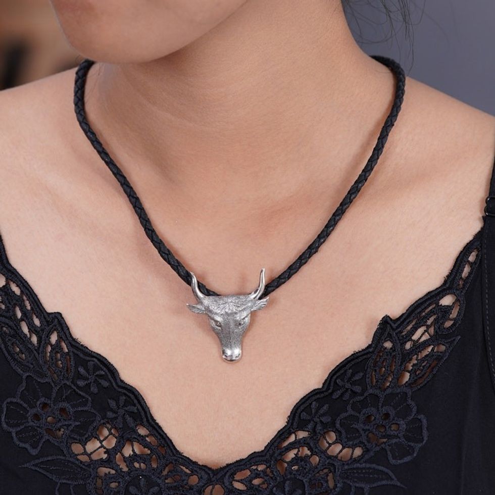 Men's Hand Made Leather and Sterling Silver Necklace 'Longhorn'