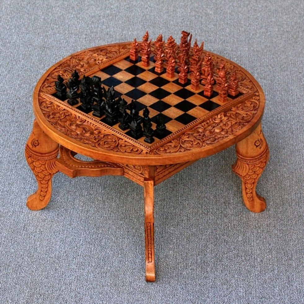 Wood chess set 'Ramayana Flowers'