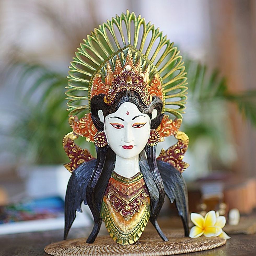 Hand Carved Polychrome Wood Balinese Dance Mask 'Emerald Janger Dancer'