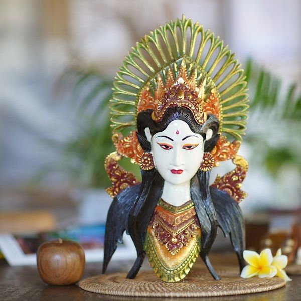 Alternate image for Hand Carved Polychrome Wood Balinese Dance Mask Emerald Janger Dancer