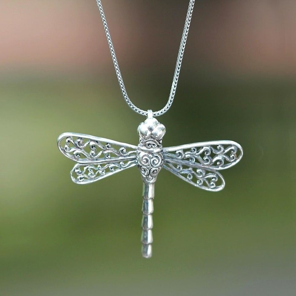 Unique Indonesian Sterling Silver Pendant Necklace 'Lucky Dragonfly'