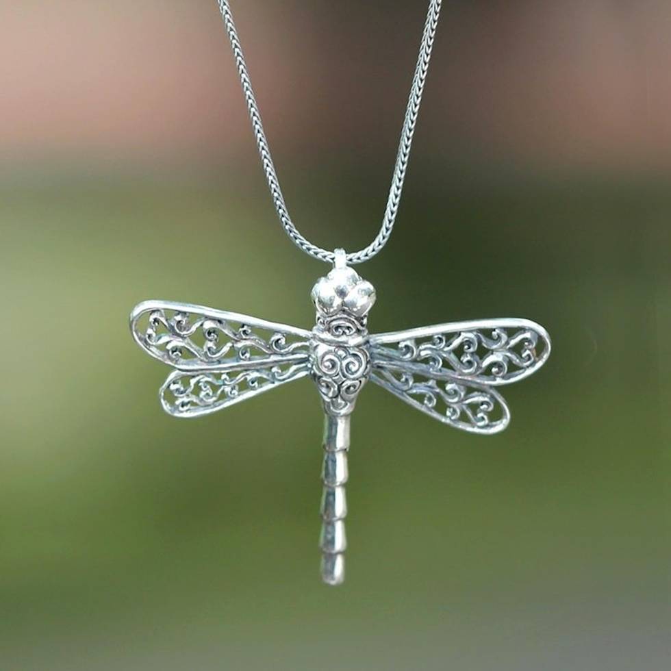 Unique Indonesian Sterling Silver Pendant Necklace 'Lucky Dragonfly'