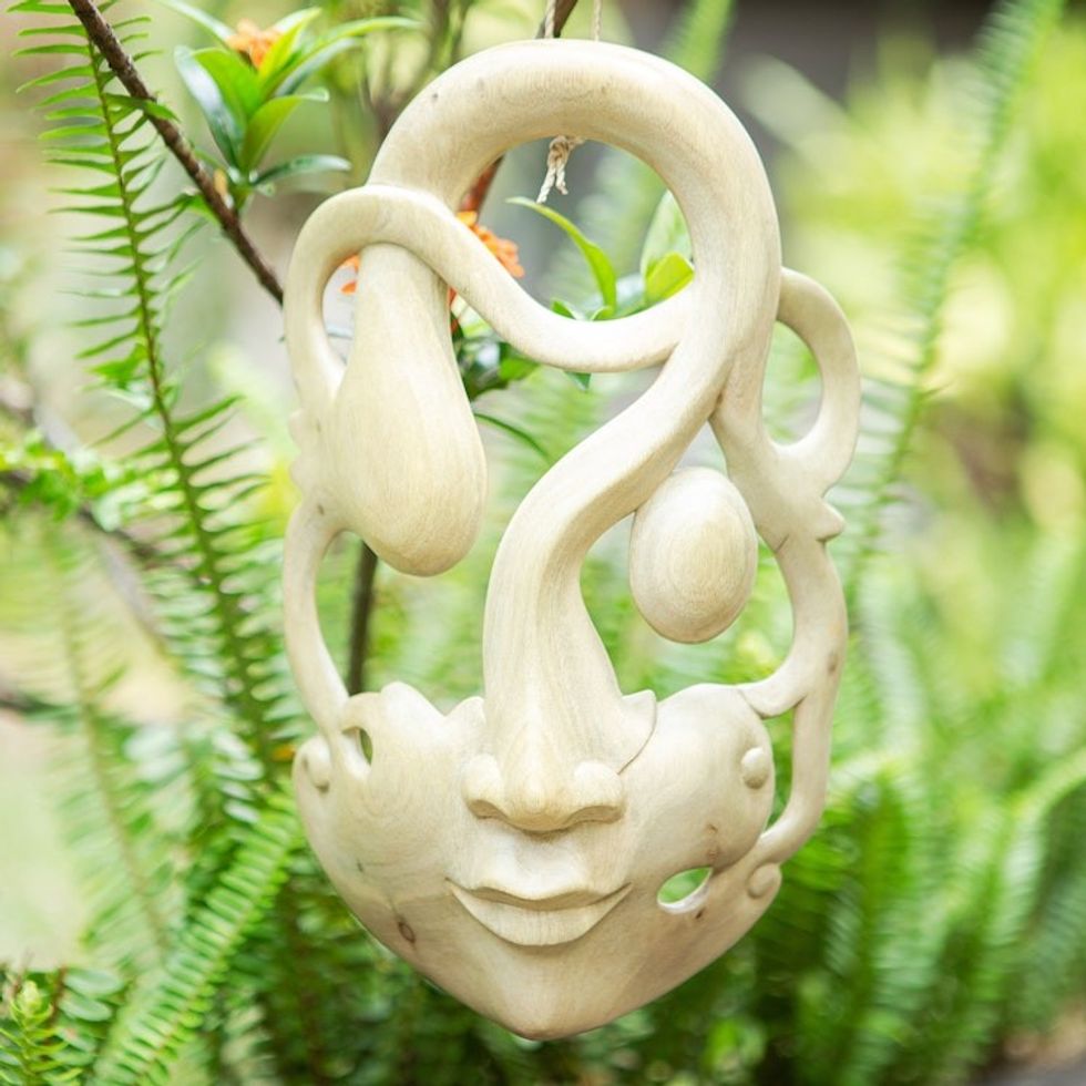 Handcrafted Carved Hibiscus Wood Mask 'Introspection'