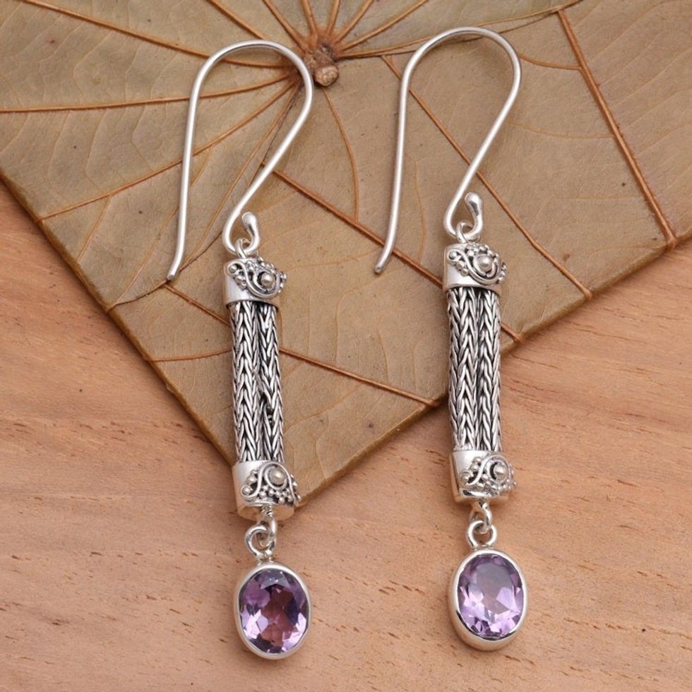 Amethyst Sterling Silver Dangle Earrings 'Bali Birthright'