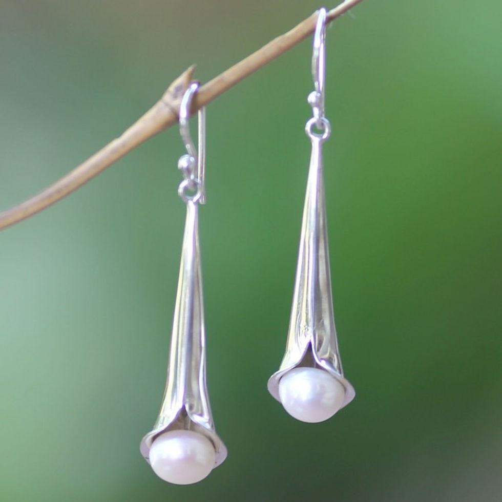 Sterling Silver and Pearl Dangle Earrings 'Trumpet Flower'
