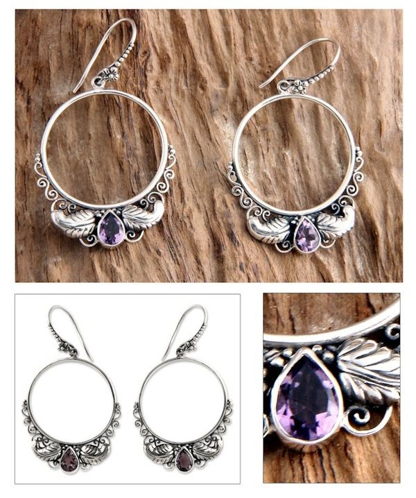 Alternate image for Handmade Sterling Silver and Amethyst Dangle Earrings Moon Garden
