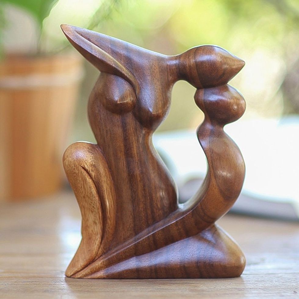 Handcrafted Romantic Wood Sculpture 'Elegant Kiss'