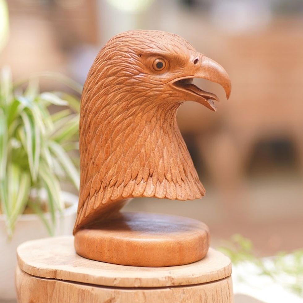 Hand-Carved Bird Sculpture in Balinese Suar Wood 'Eagle's Gaze'