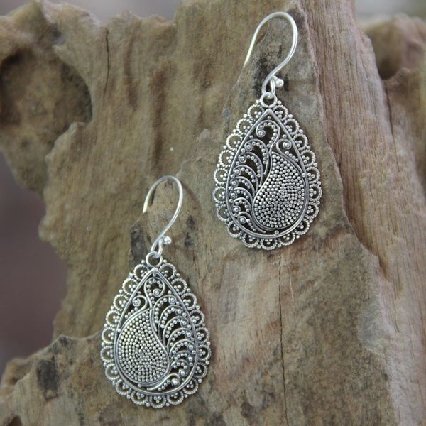 Alternate image for Handcrafted Sterling Silver Dangle Earrings Peacock Arabesque