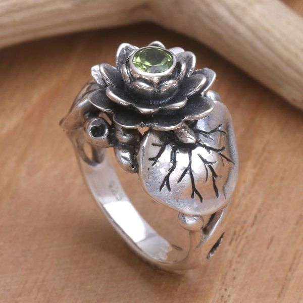 Alternate image for Handcrafted Peridot and Sterling Silver Ring Lotus Purity