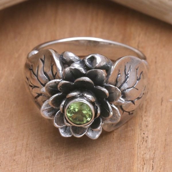 Alternate image for Handcrafted Peridot and Sterling Silver Ring Lotus Purity