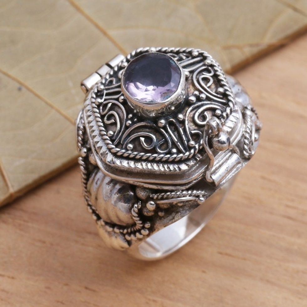 Amethyst and Sterling Silver Locket Ring 'Secret Flame'
