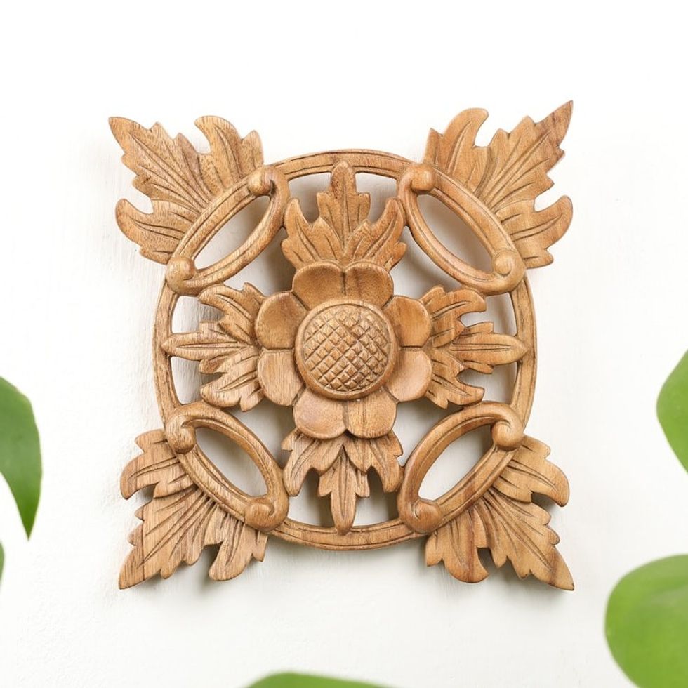 Hand Carved Wood Wall Panel 'Sunflower Star'