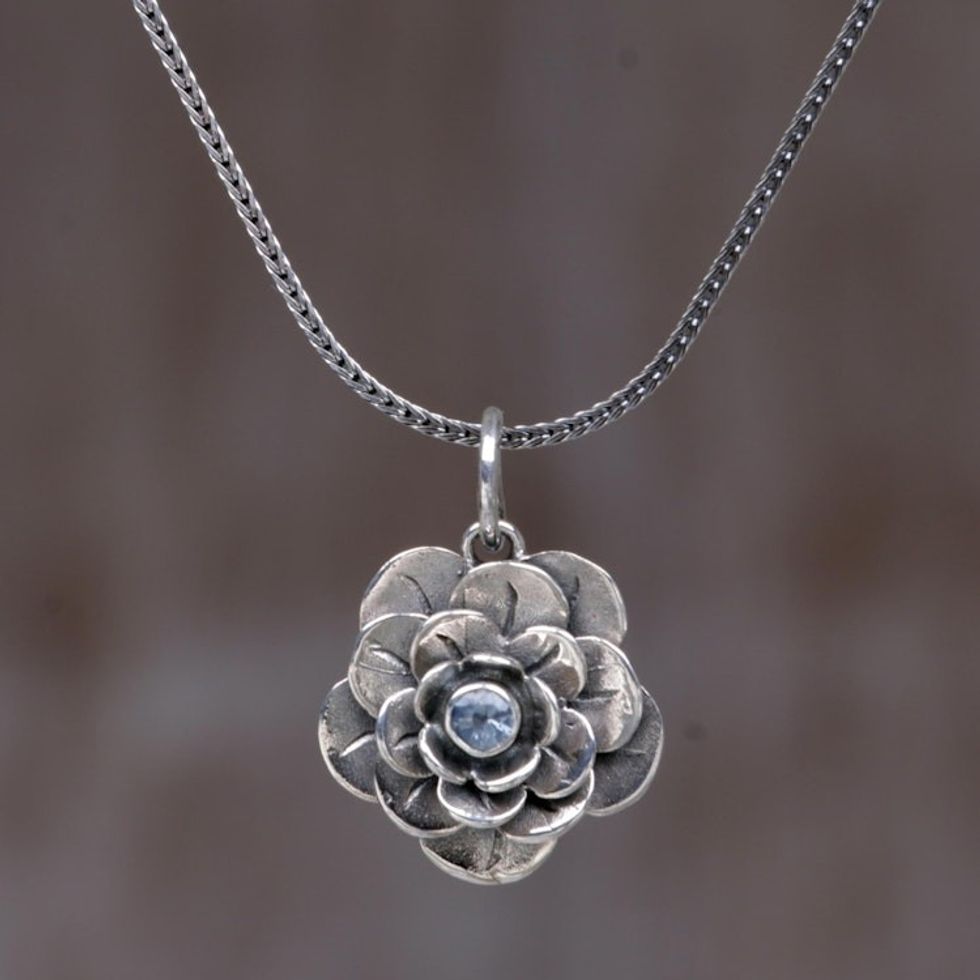 Handcrafted Floral Silver and Blue Topaz Necklace 'Holy Lotus'