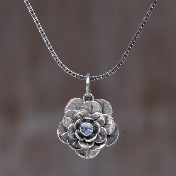 Alternate image for Handcrafted Floral Silver and Blue Topaz Necklace Holy Lotus