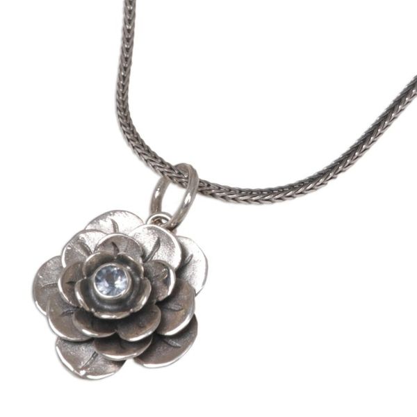 Alternate image for Handcrafted Floral Silver and Blue Topaz Necklace Holy Lotus