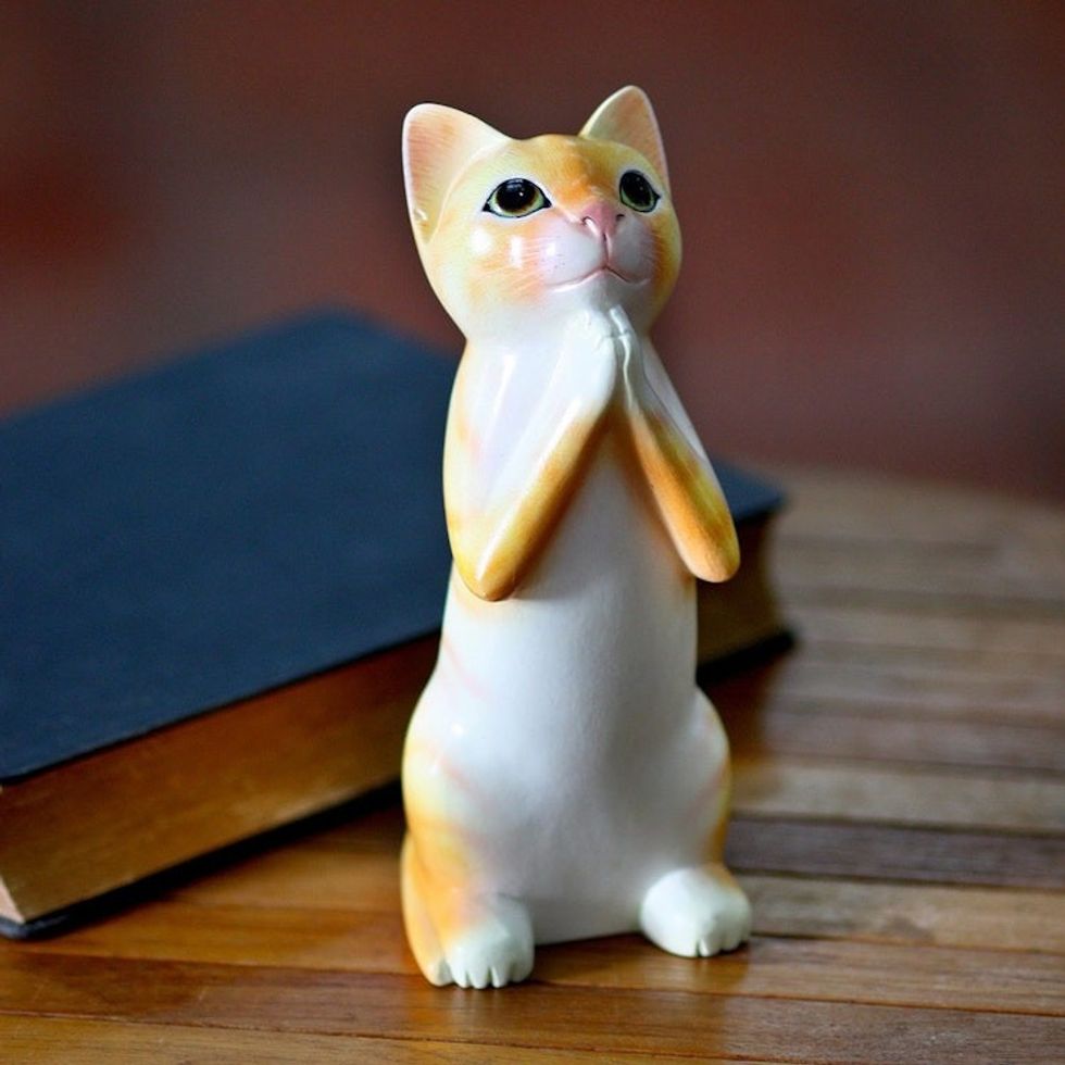 Wood sculpture 'Ginger Tabby Cat Wish'