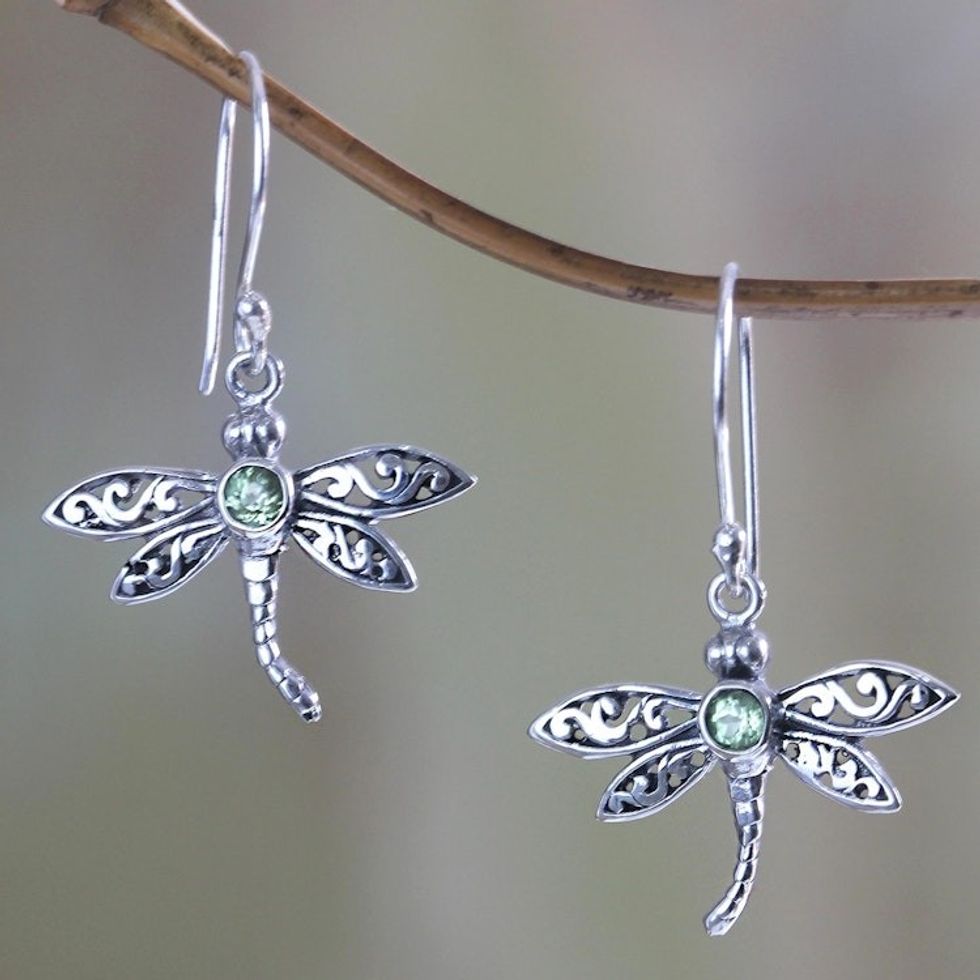 Sterling Silver and Peridot Dangle Earrings 'Enchanted Dragonfly'