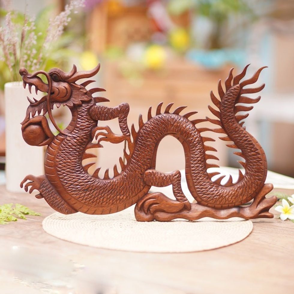 Suar Wood Relief Wall Panel 'Fire Dragon'