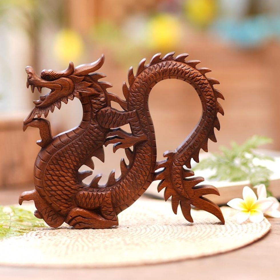 Handcrafted Wood Relief Panel 'Fiery Dragon'