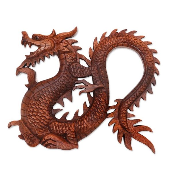 Alternate image for Handcrafted Wood Relief Panel Fiery Dragon