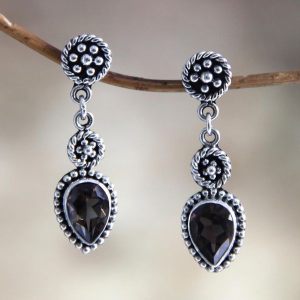 Alternate image for Unique Sterling Silver and Smoky Quartz Earrings Balinese Jackfruit