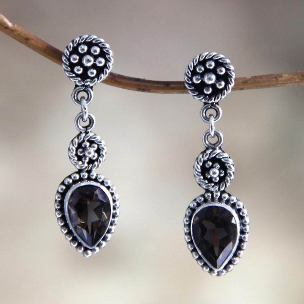 Unique Sterling Silver and Smoky Quartz Earrings 'Balinese Jackfruit'