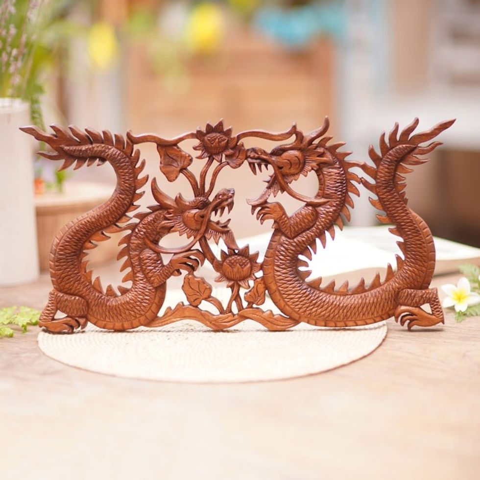 Wood Relief Panel 'Dragons Amid Flowers'