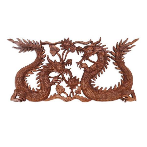 Alternate image for Wood Relief Panel Dragons Amid Flowers