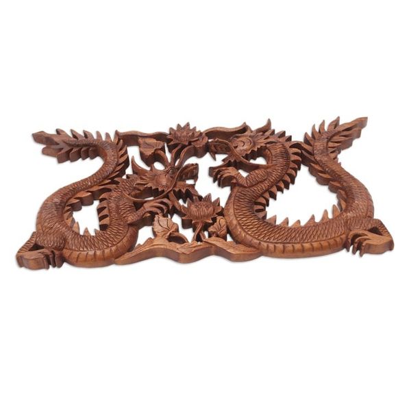 Alternate image for Wood Relief Panel Dragons Amid Flowers