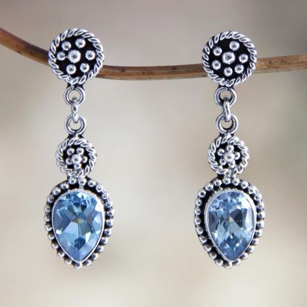 Alternate image for Blue Topaz and Sterling Silver Dangle Earrings Balinese Jackfruit
