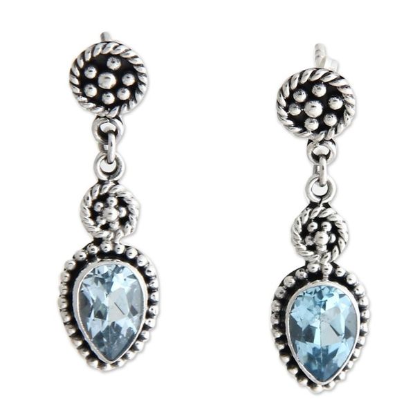 Alternate image for Blue Topaz and Sterling Silver Dangle Earrings Balinese Jackfruit