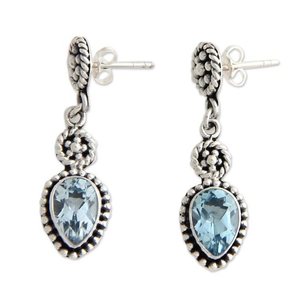 Alternate image for Blue Topaz and Sterling Silver Dangle Earrings Balinese Jackfruit