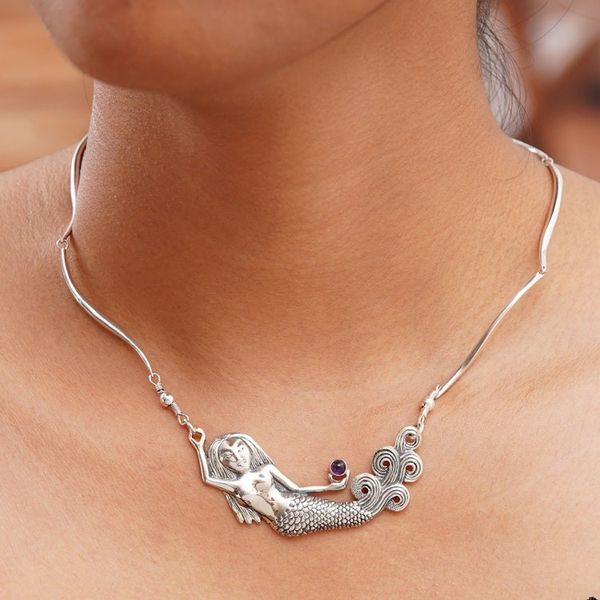 Alternate image for Amethyst Sterling Silver Pendant Necklace Mermaid Spell