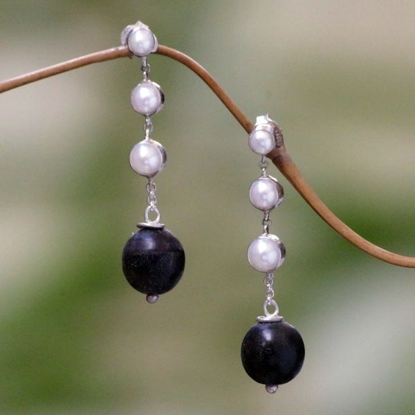 Alternate image for Cultured pearl and ebony dangle earrings Opportunity