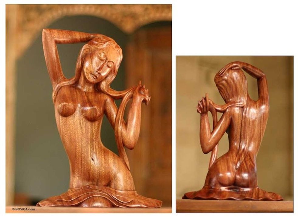 Fair Trade Indonesian Female Form Wood Sculpture 'Bathing at a River'