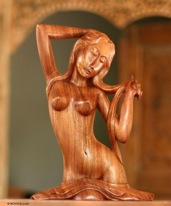 Alternate image for Fair Trade Indonesian Female Form Wood Sculpture Bathing at a River