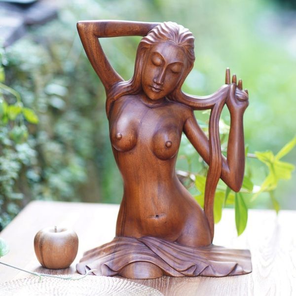 Alternate image for Fair Trade Indonesian Female Form Wood Sculpture Bathing at a River