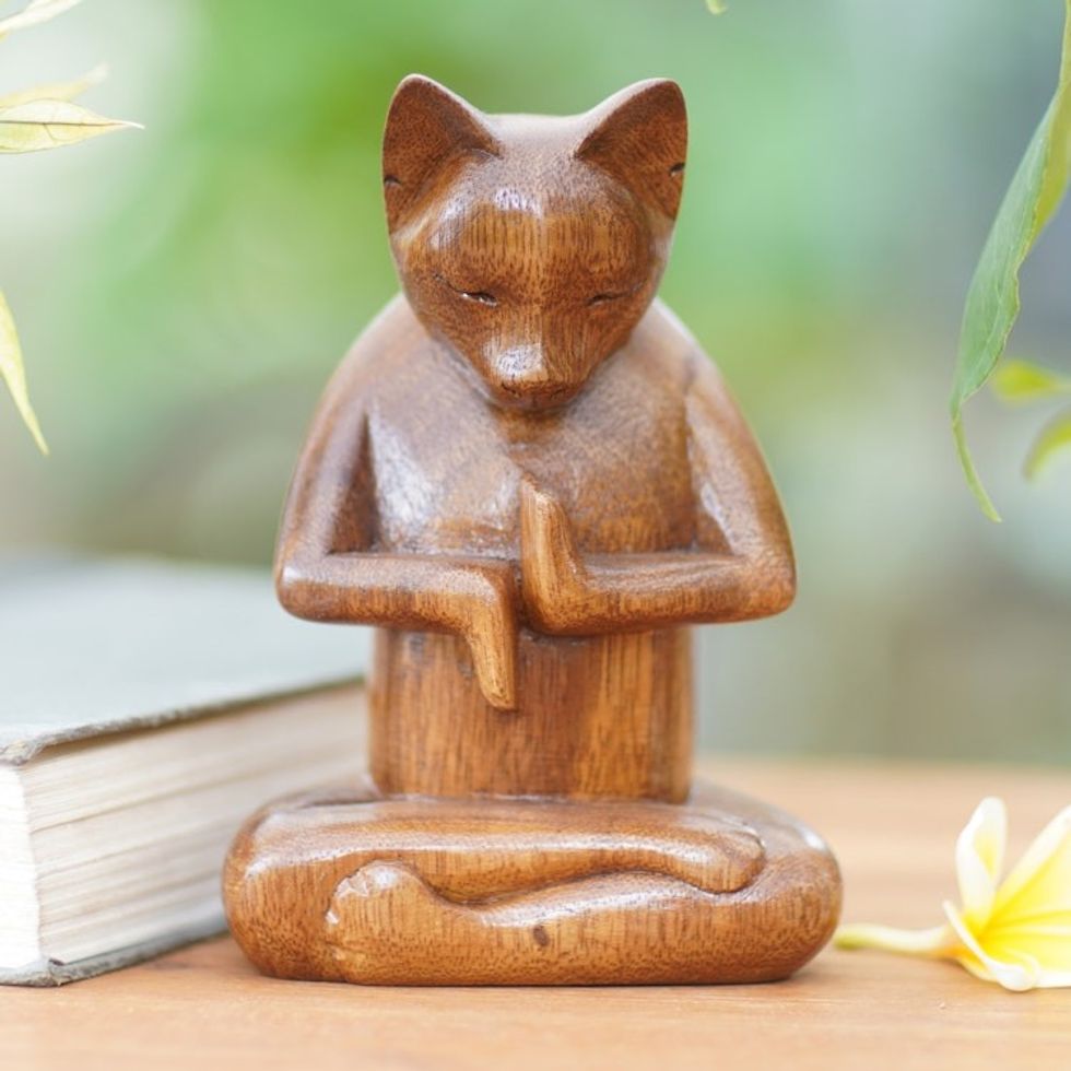 Wood sculpture 'Full Lotus Cat'