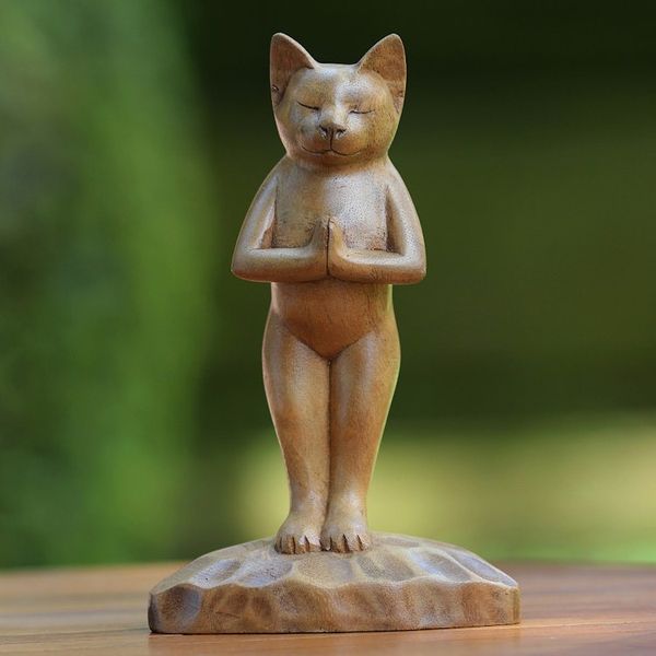 Alternate image for Hand Crafted Wood Sculpture Cat Gives Thanks