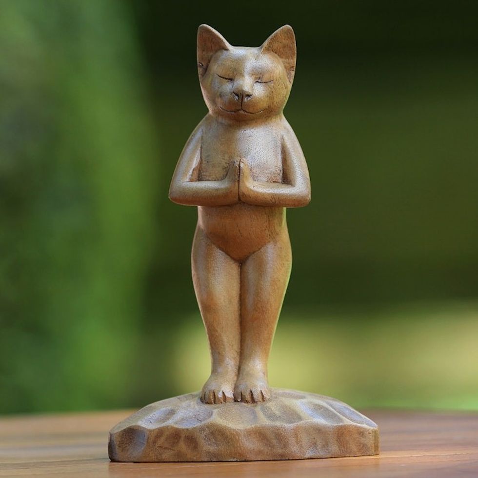 Hand Crafted Wood Sculpture 'Cat Gives Thanks'