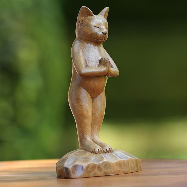 Alternate image for Hand Crafted Wood Sculpture Cat Gives Thanks