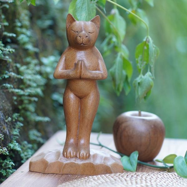Alternate image for Hand Crafted Wood Sculpture Cat Gives Thanks