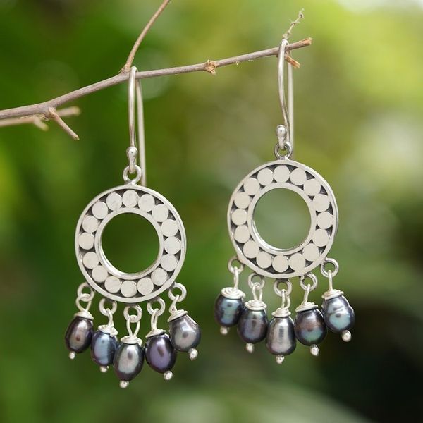 Alternate image for Sterling Silver Pearl Chandelier Earrings Black Moon Aura